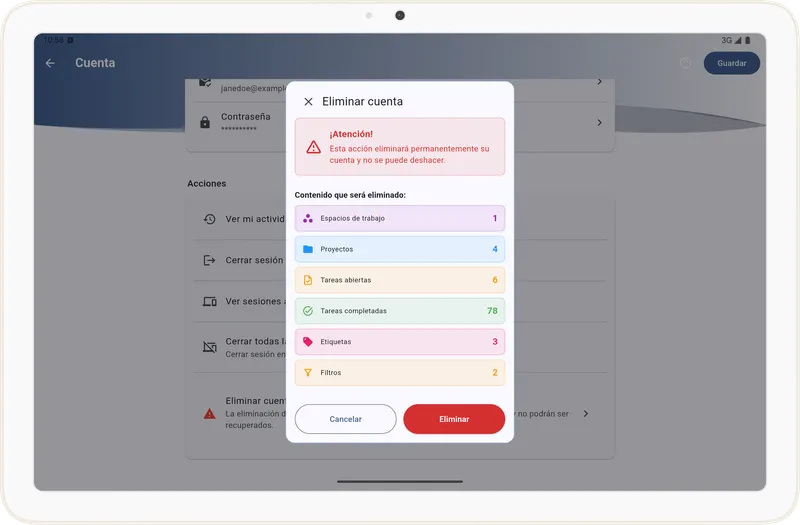 Advertencia de eliminación de cuenta