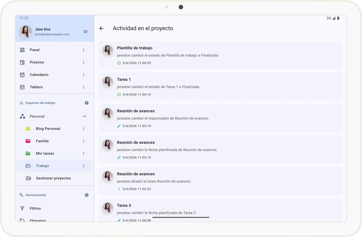 Historial de actividad en Tarea Cero