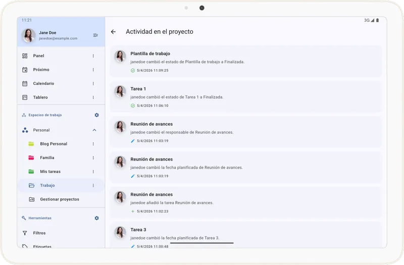 Historial de actividad en Tarea Cero