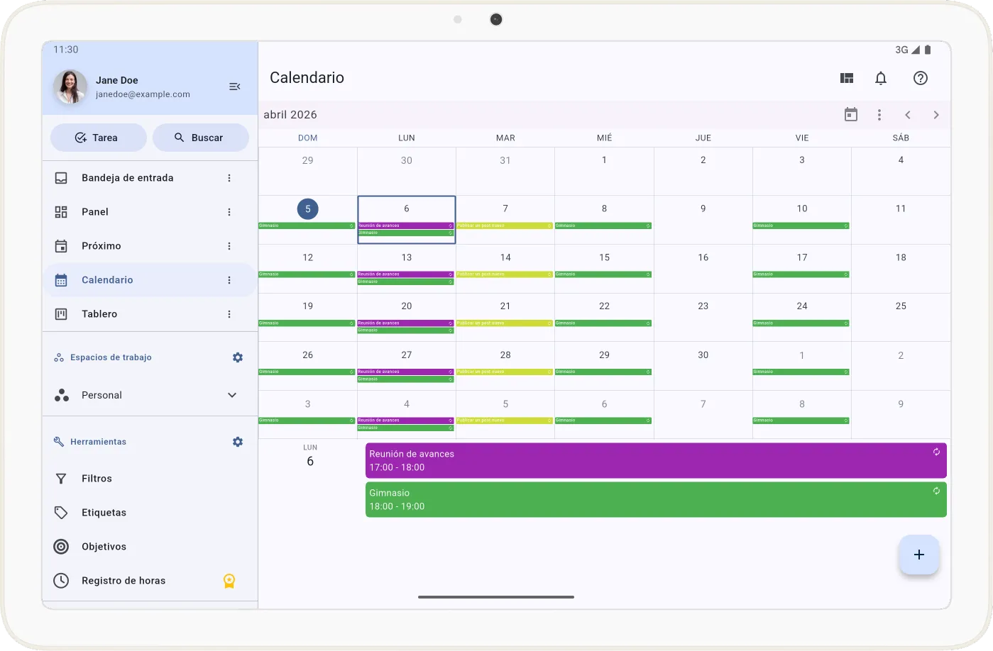 Pantalla de vista Calendario
