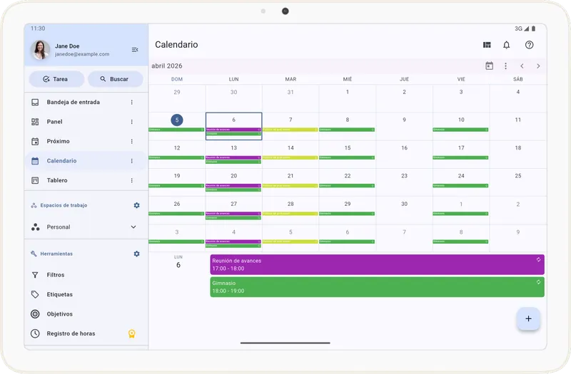 Pantalla de vista Calendario
