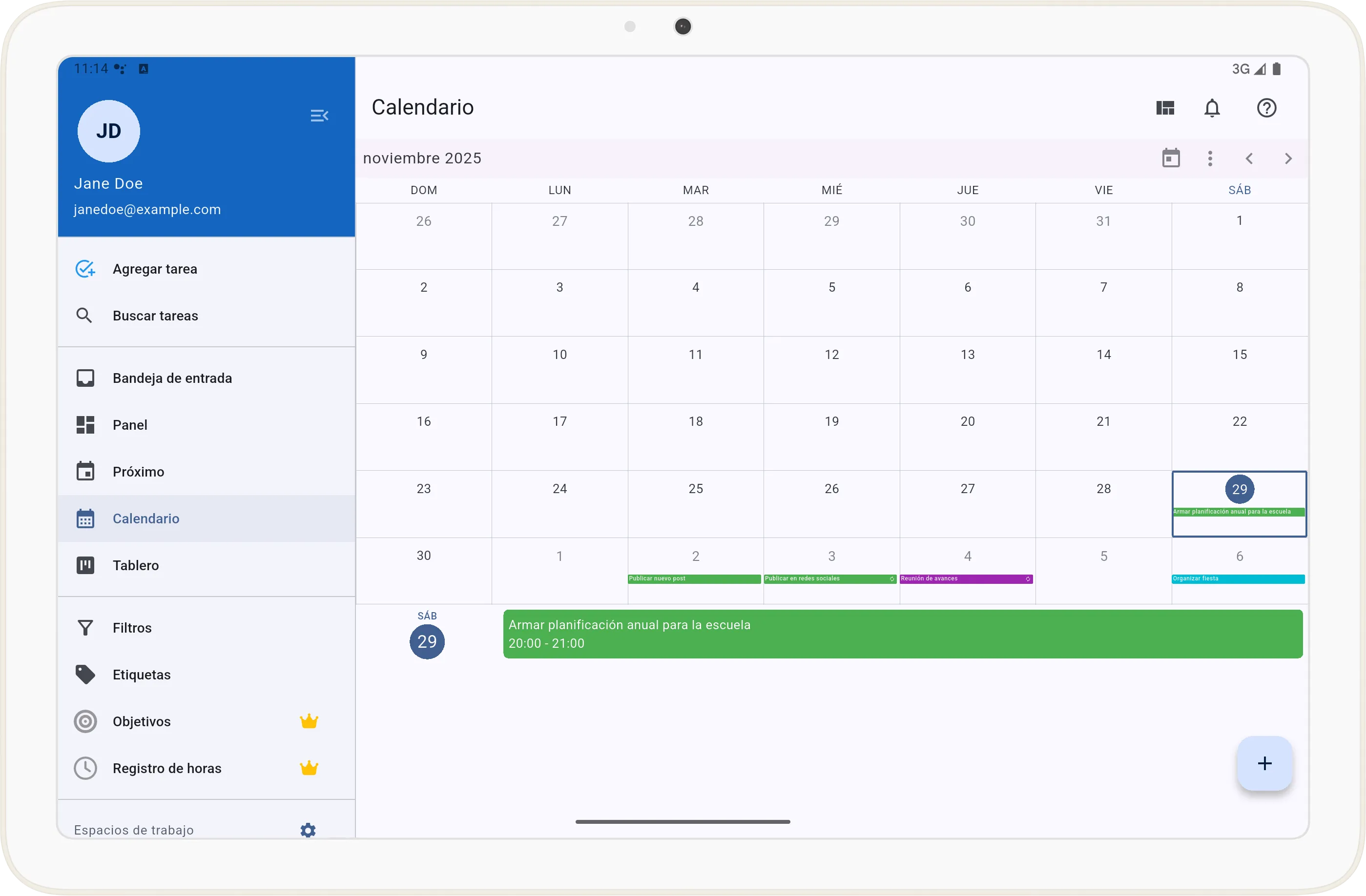 Pantalla de vista Calendario