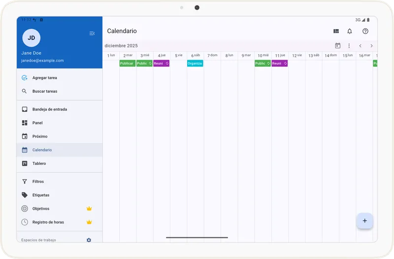 Pantalla de vista Cronológica mensual