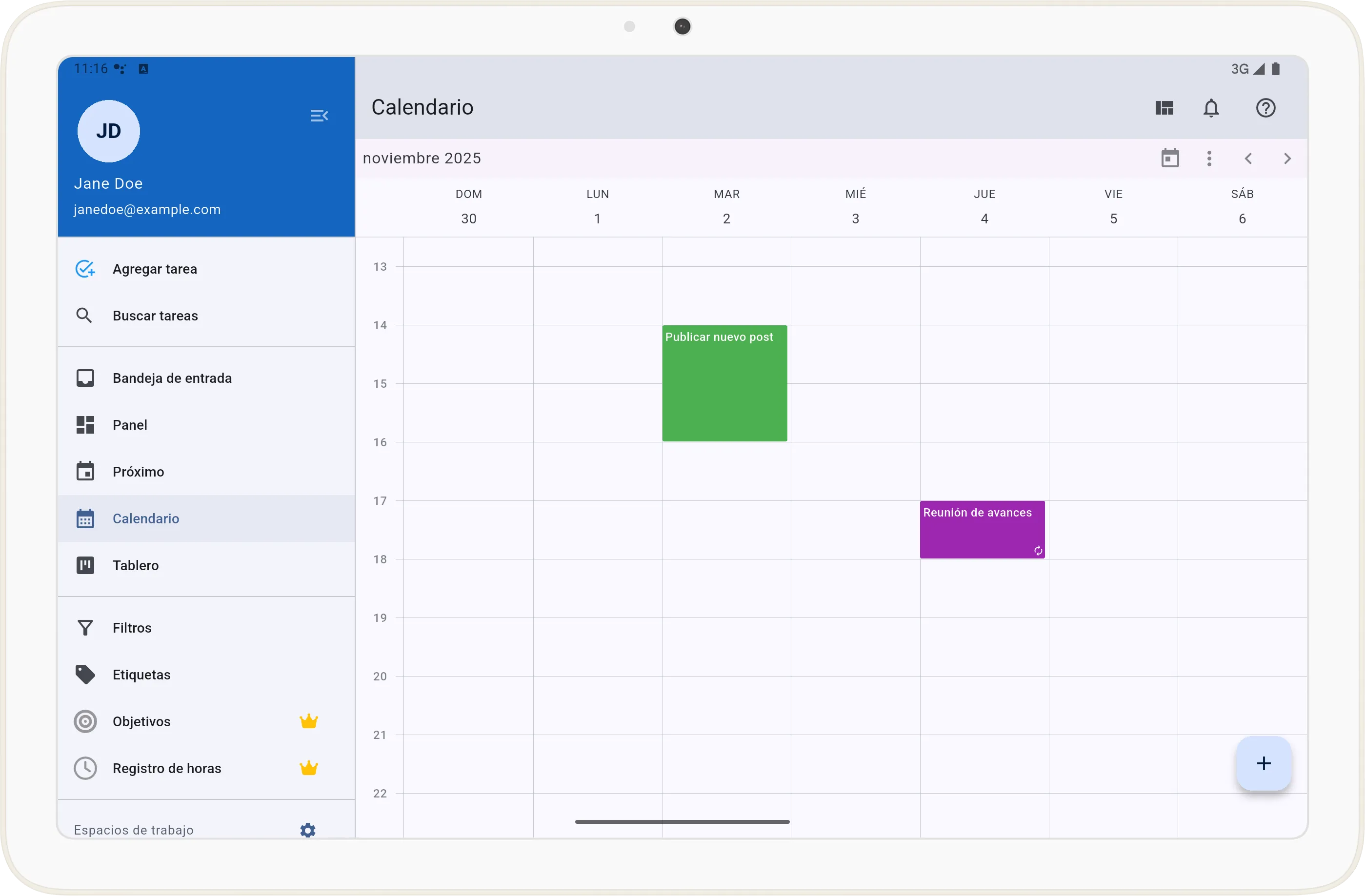 Pantalla de vista Semana