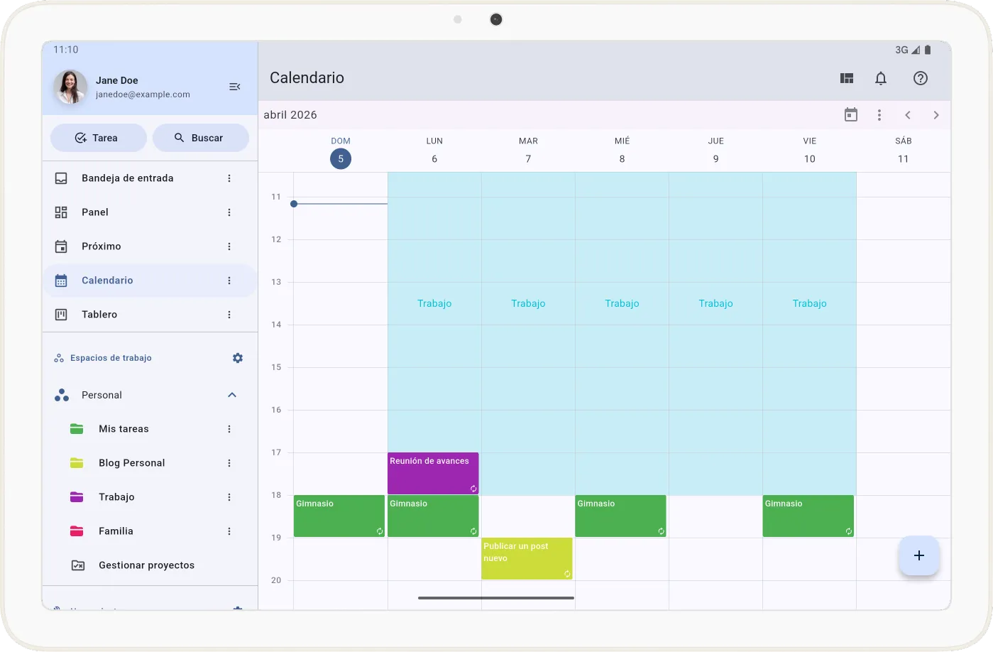 Vista del calendario con contextos en Tarea Cero
