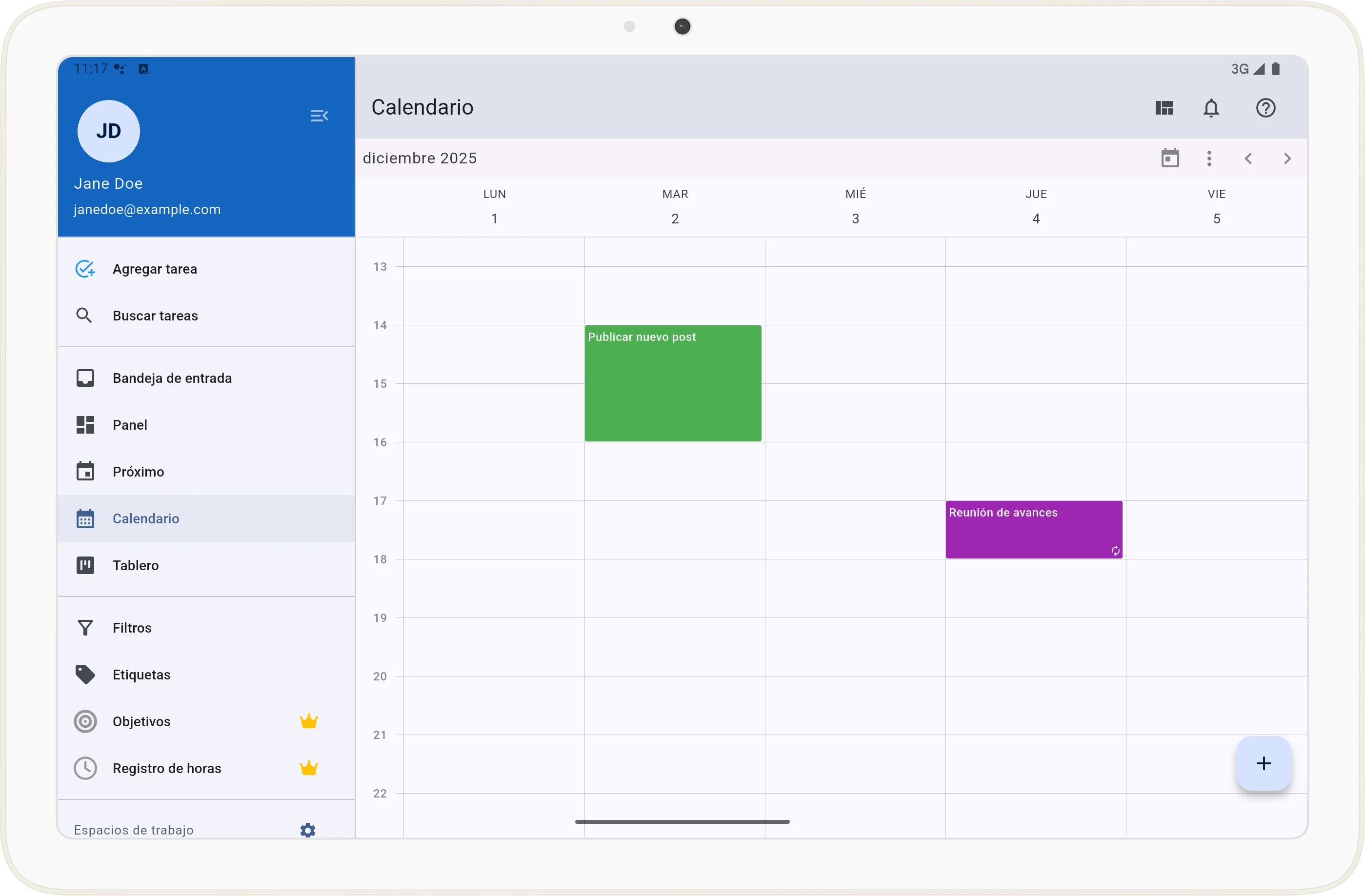 Pantalla de vista Semana laboral