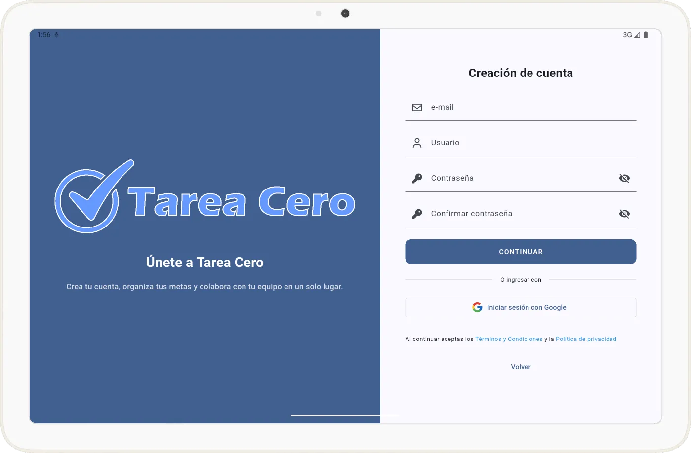 Pantalla de creación de cuenta en Tarea Cero