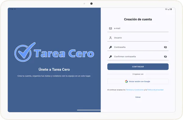 Pantalla de creación de cuenta en Tarea Cero