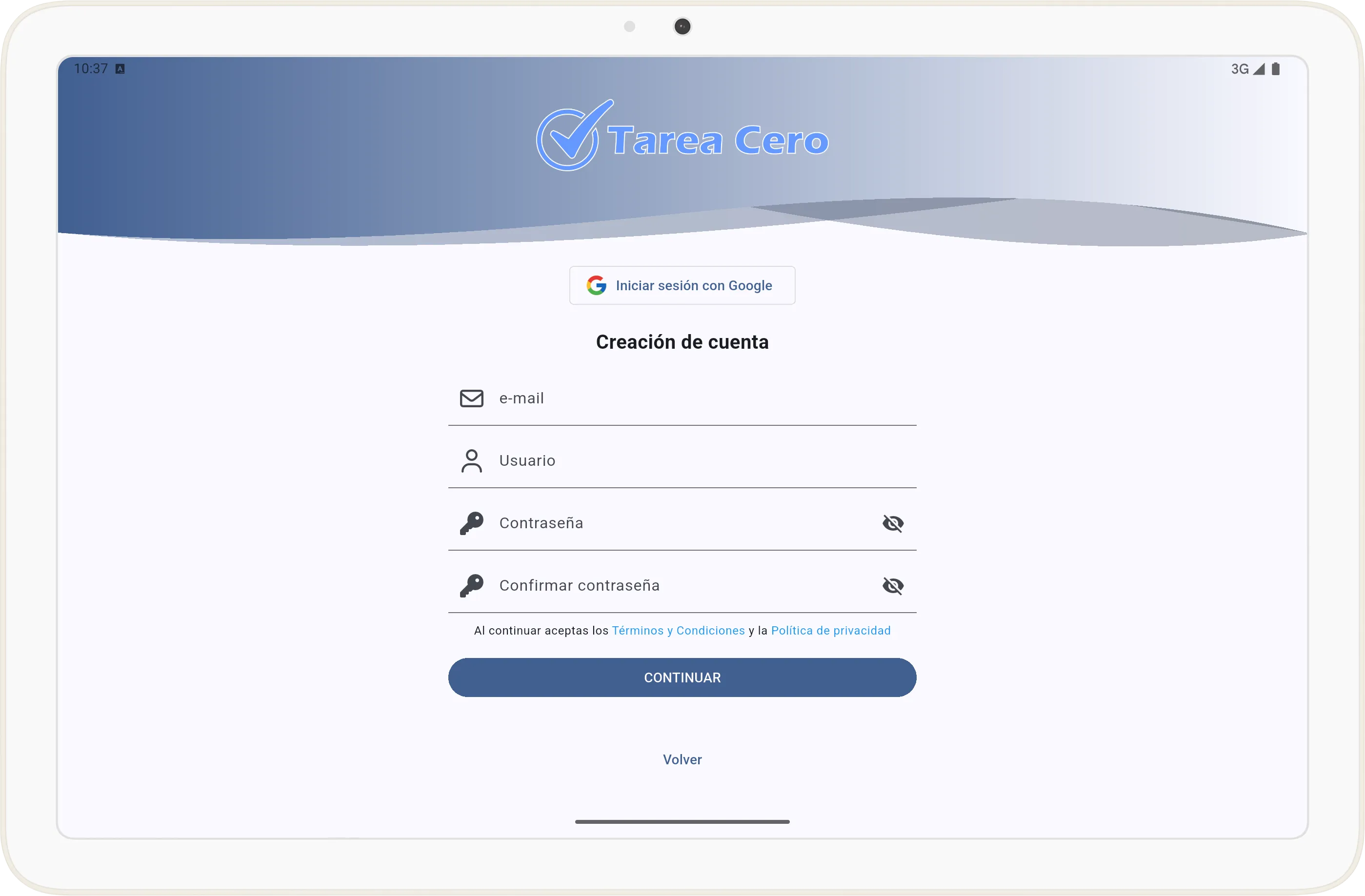 Pantalla de creación de cuenta en Tarea Cero