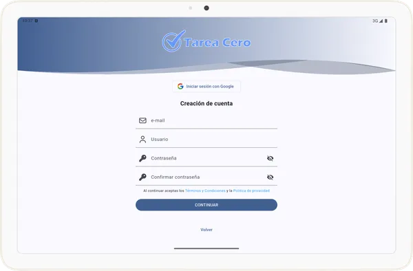 Pantalla de creación de cuenta en Tarea Cero