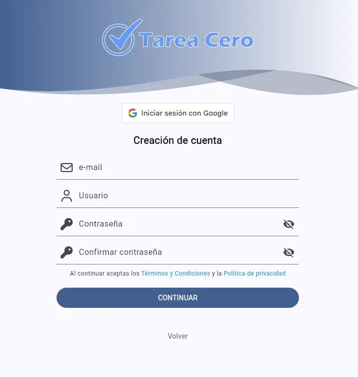 Pantalla de creación de cuenta en Tarea Cero