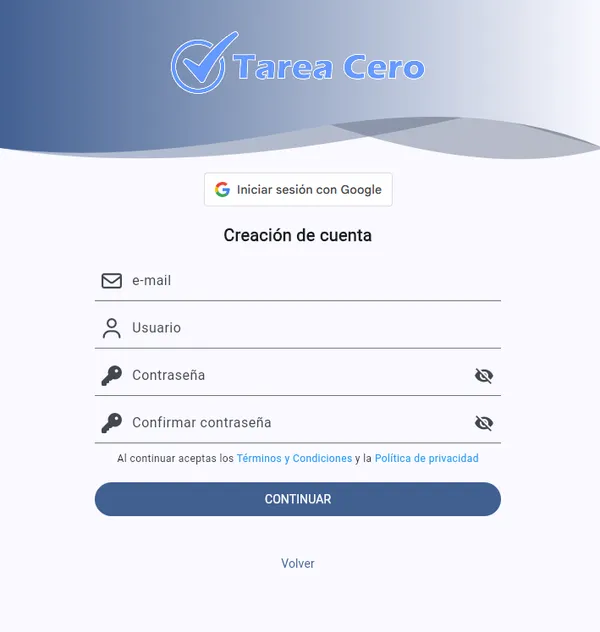 Pantalla de creación de cuenta en Tarea Cero