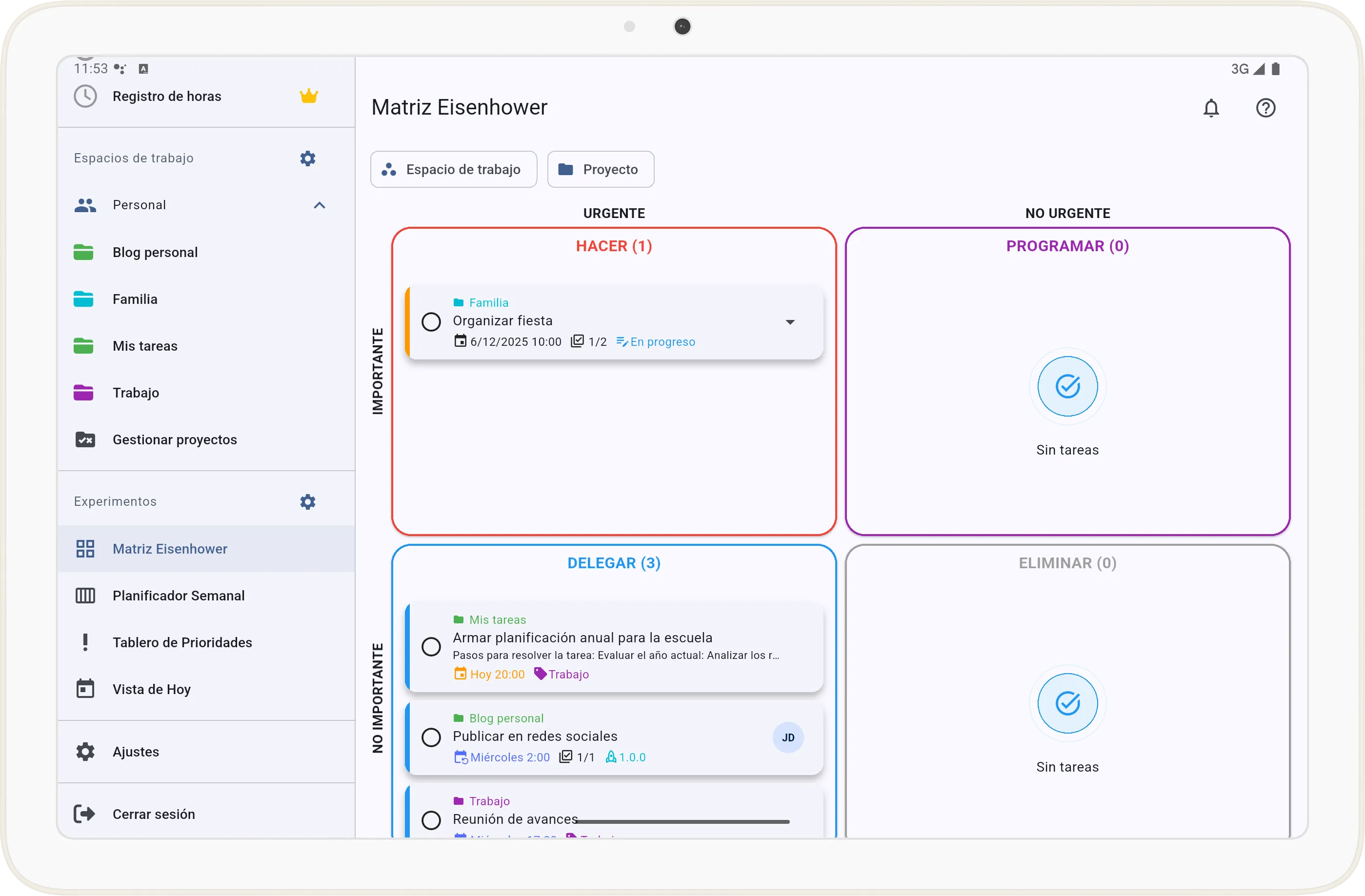 Pantalla de la Matriz Eisenhower en Tarea Cero