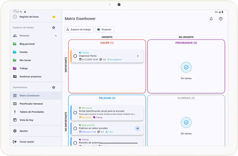 Pantalla de la Matriz Eisenhower en Tarea Cero