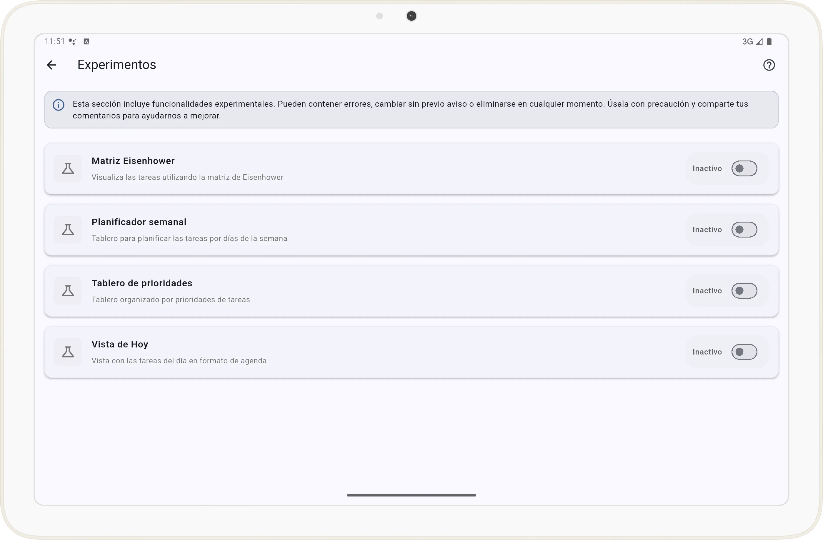 Pantalla de experimentos en Tarea Cero