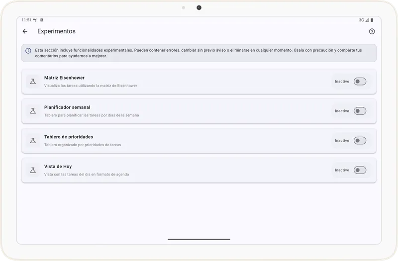 Pantalla de experimentos en Tarea Cero