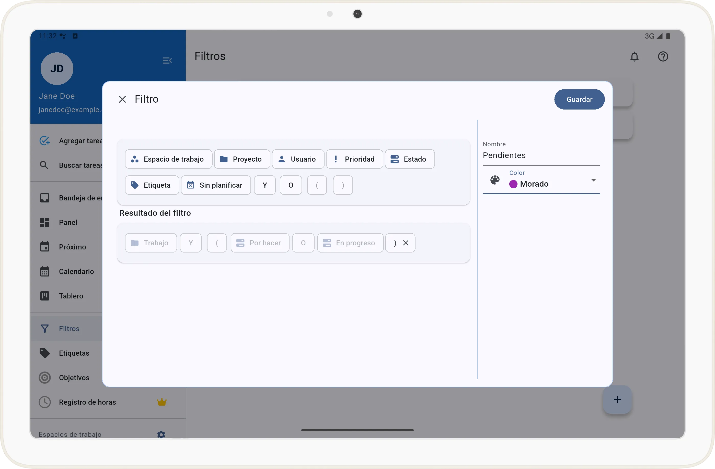 Formulario de creación de filtro guardado