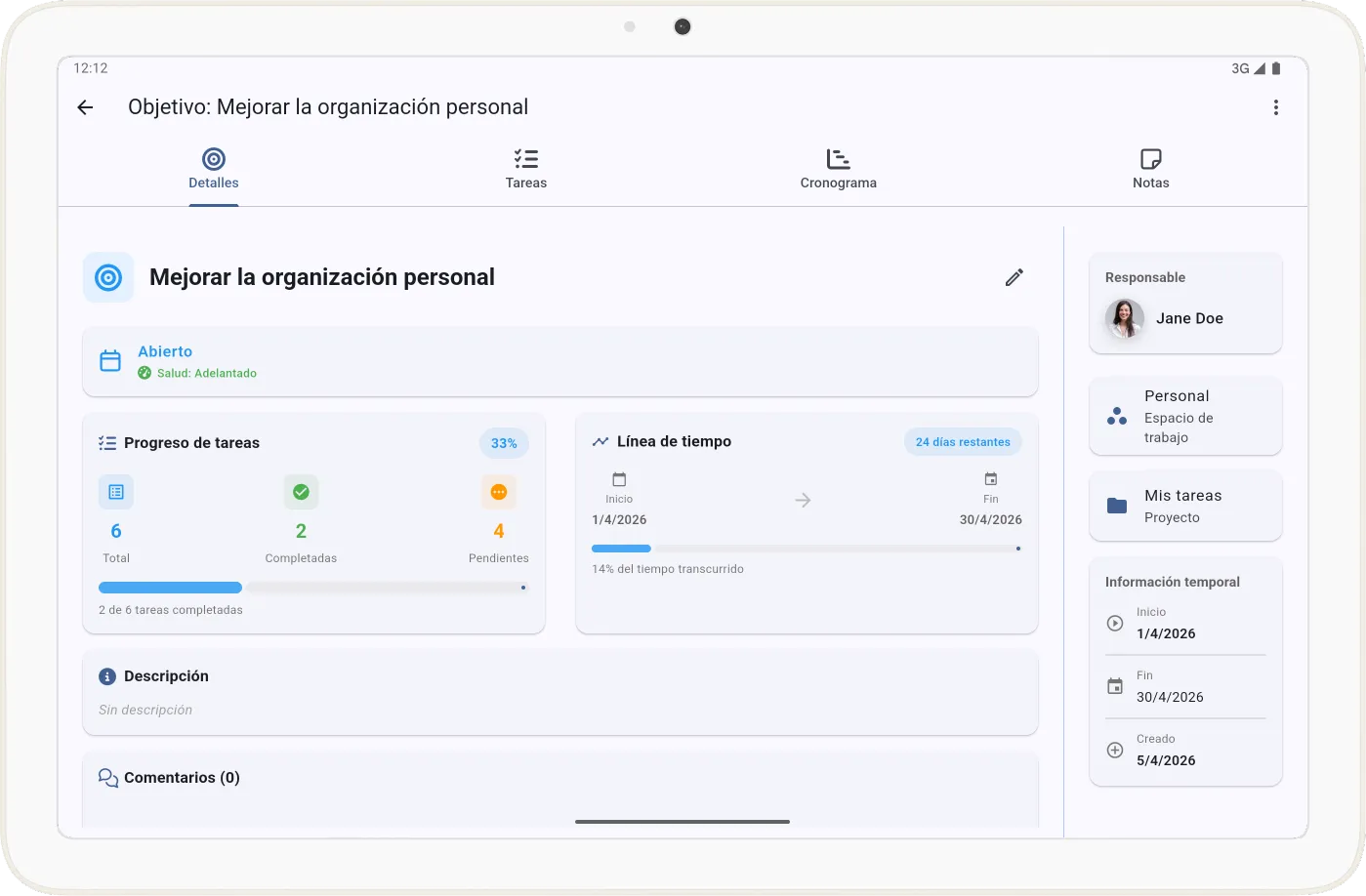 Vista Detalles del Objetivo en Tarea Cero