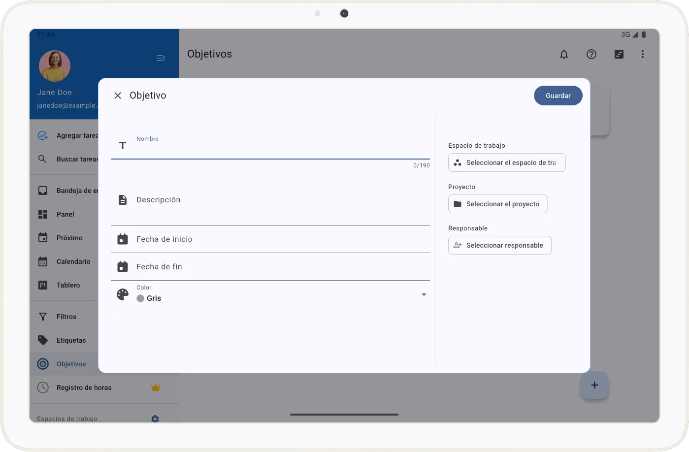 Formulario de creación de objetivos