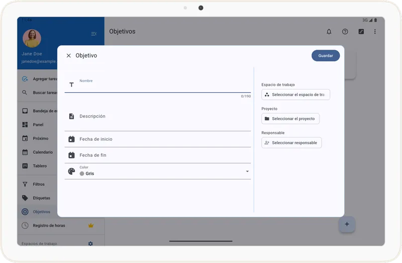 Formulario de creación de objetivos