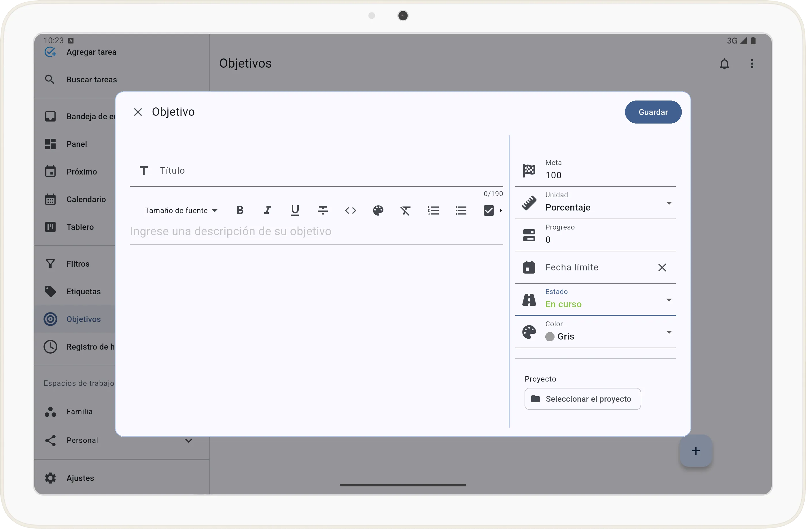 Formulario de creación de objetivos