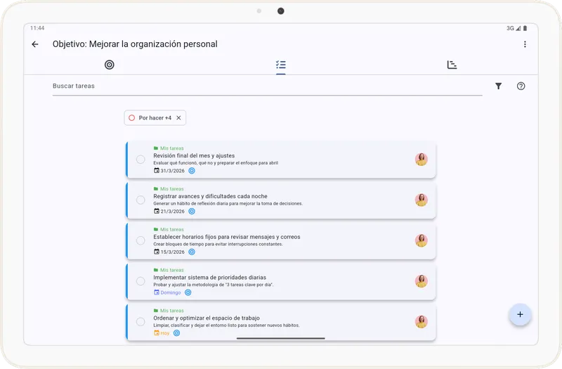 Pestaña de tareas vinculadas al objetivo