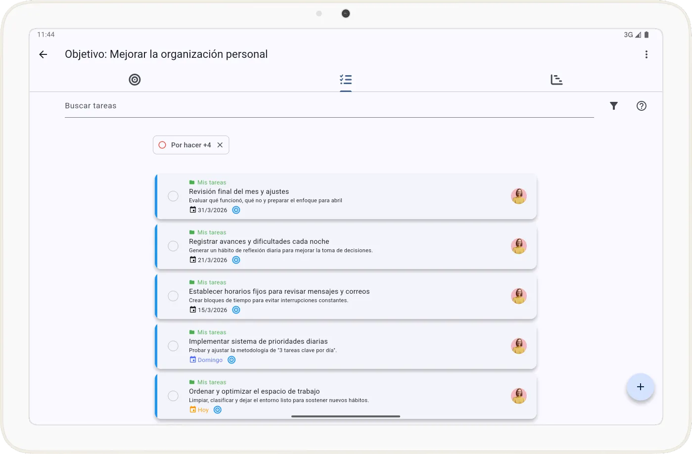 Pestaña de tareas vinculadas al objetivo