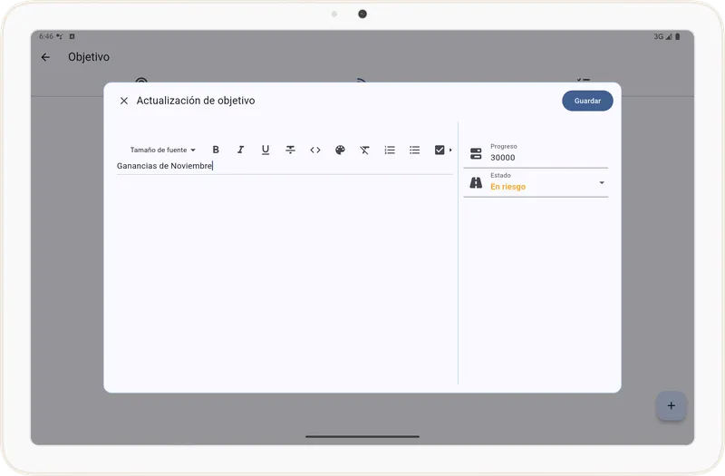 Formulario para registrar actualización de objetivo
