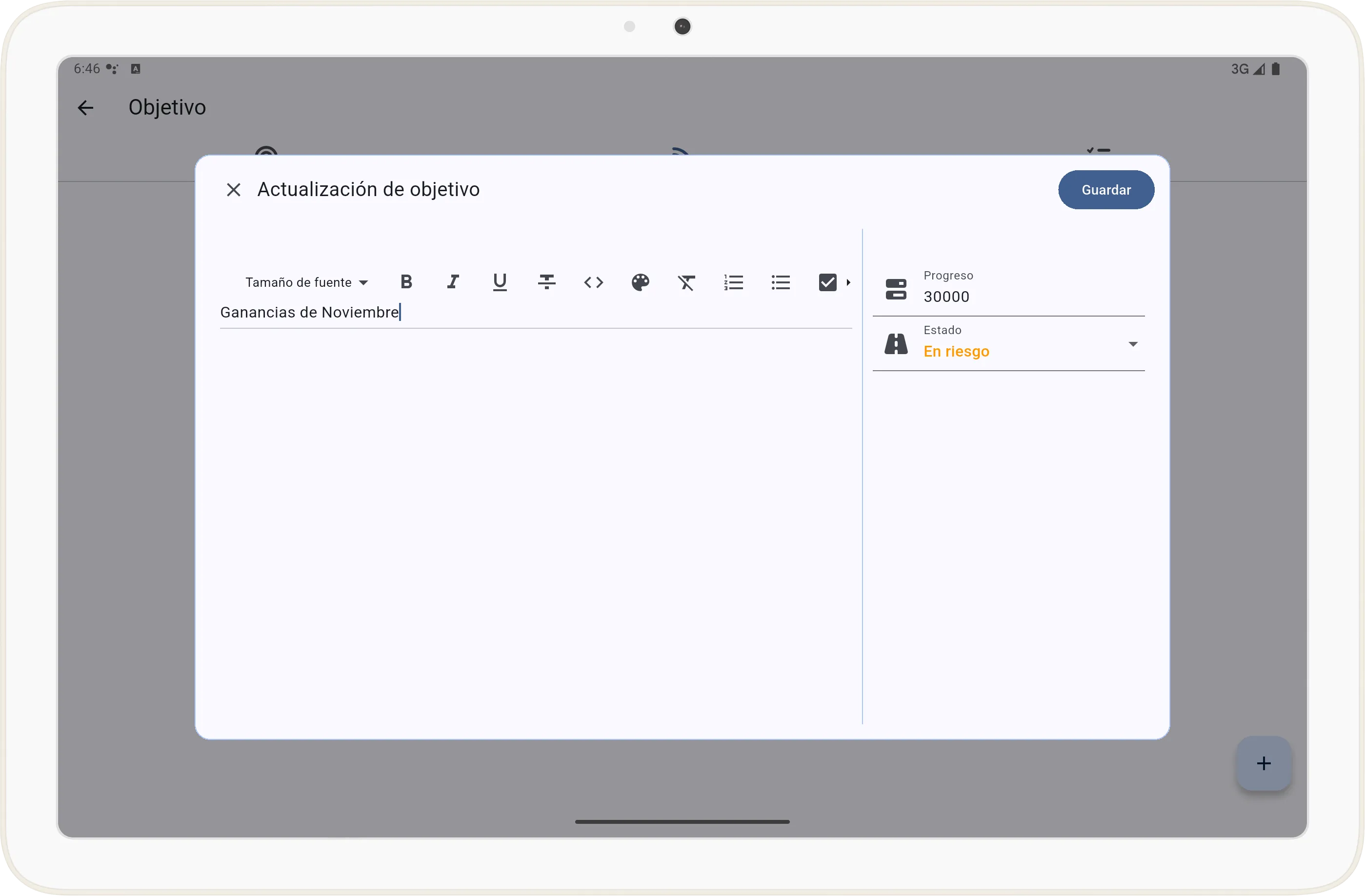 Formulario para registrar actualización de objetivo