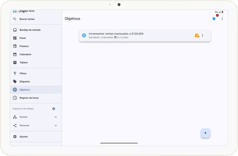 Pantalla de objetivos en Tarea Cero