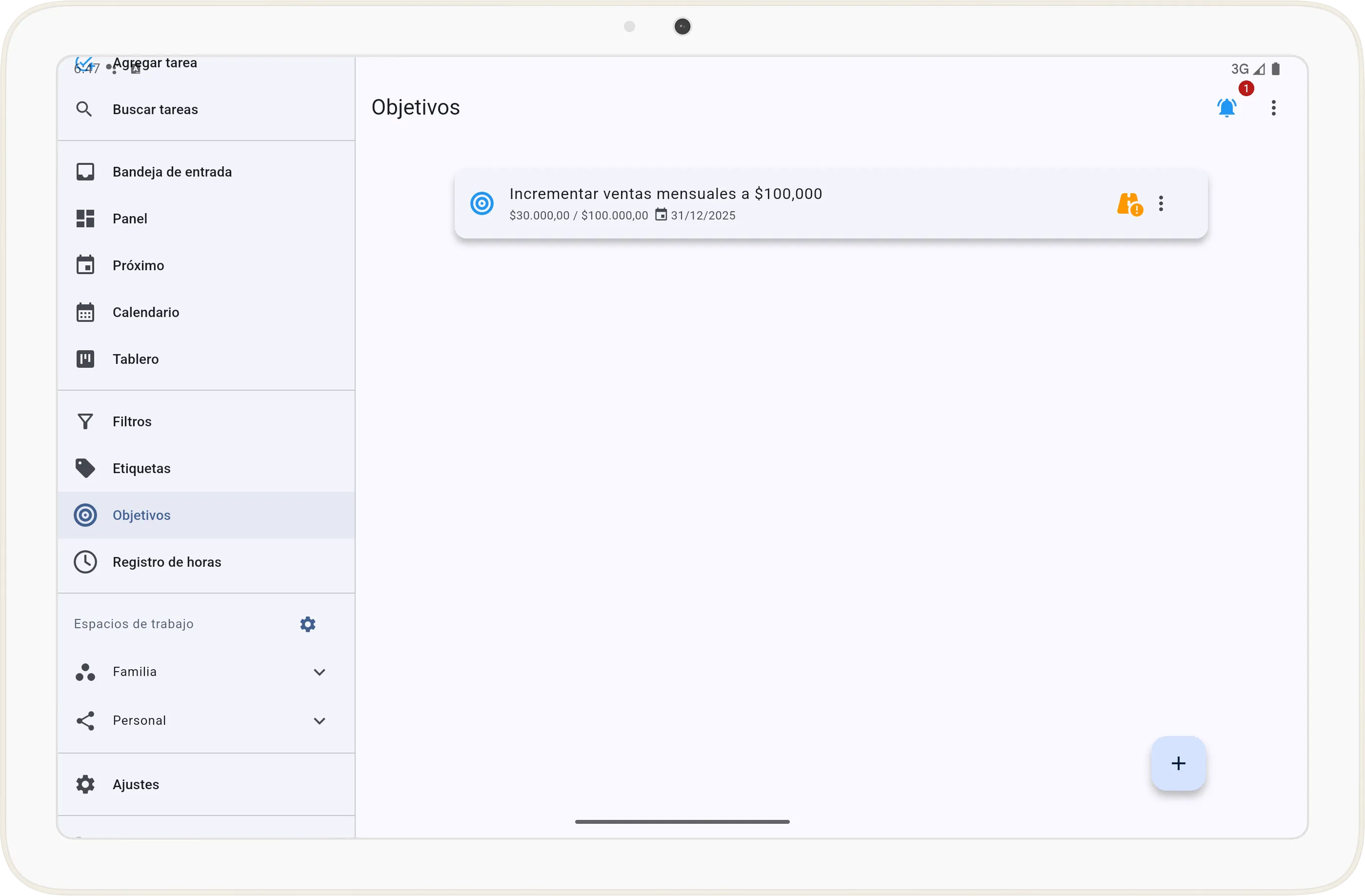 Pantalla de objetivos en Tarea Cero
