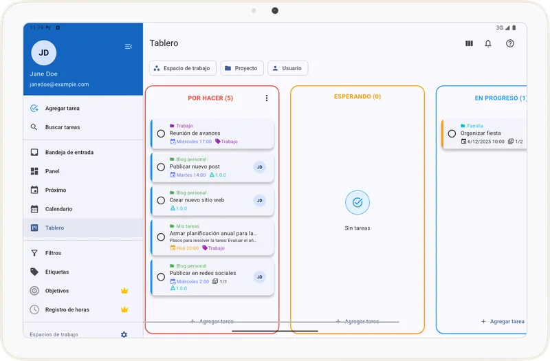 Pantalla de vista Tablero Kanban