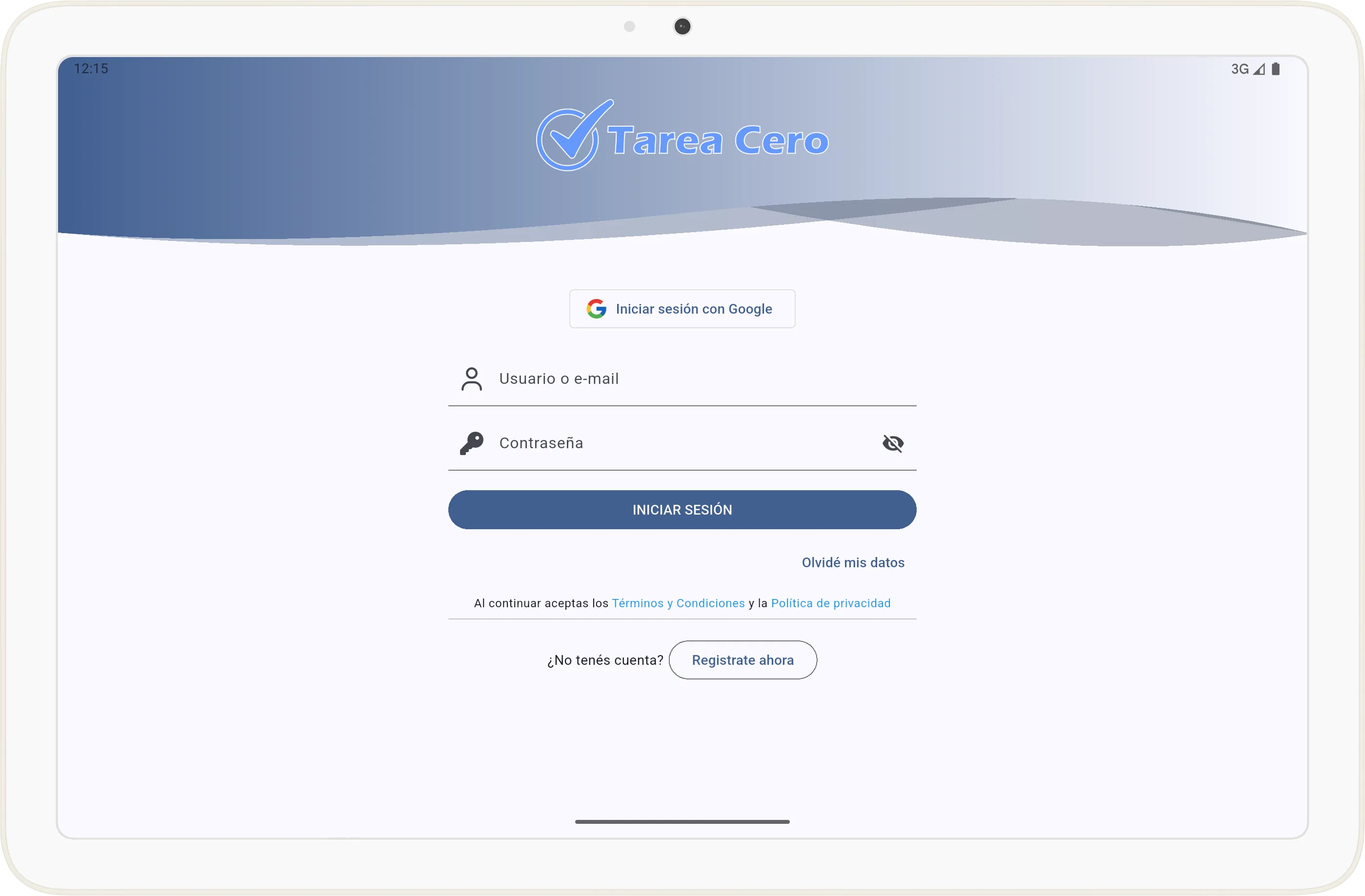 Pantalla de inicio de sesión en Tarea Cero