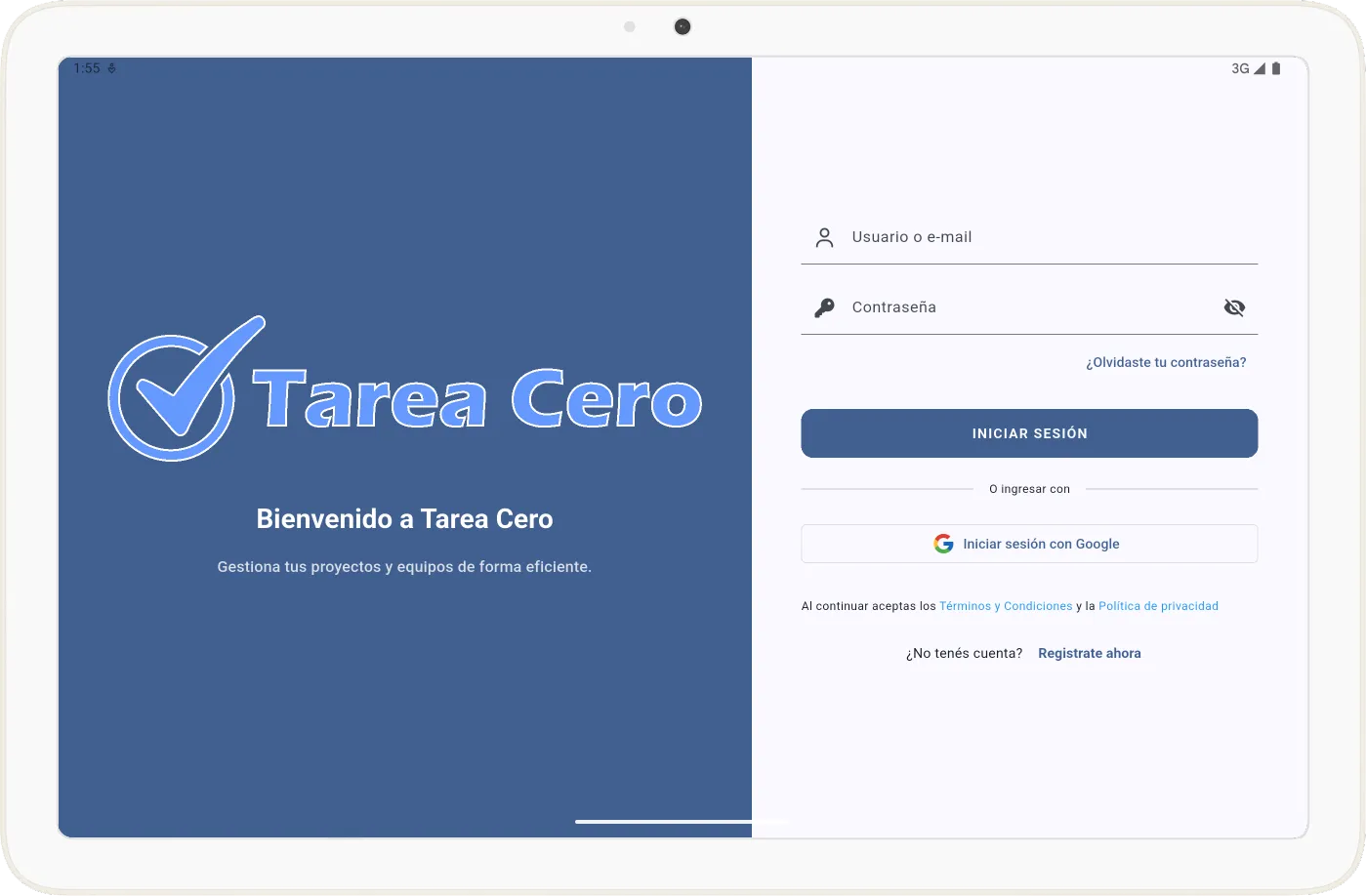 Pantalla de inicio de sesión en Tarea Cero