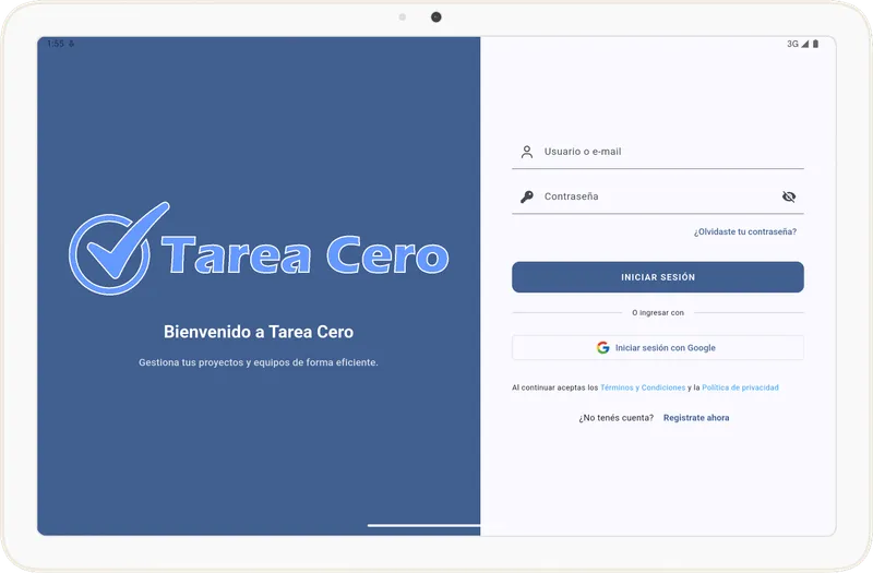 Pantalla de inicio de sesión en Tarea Cero