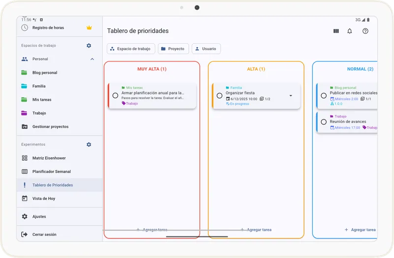 Pantalla del Tablero de Prioridades en Tarea Cero
