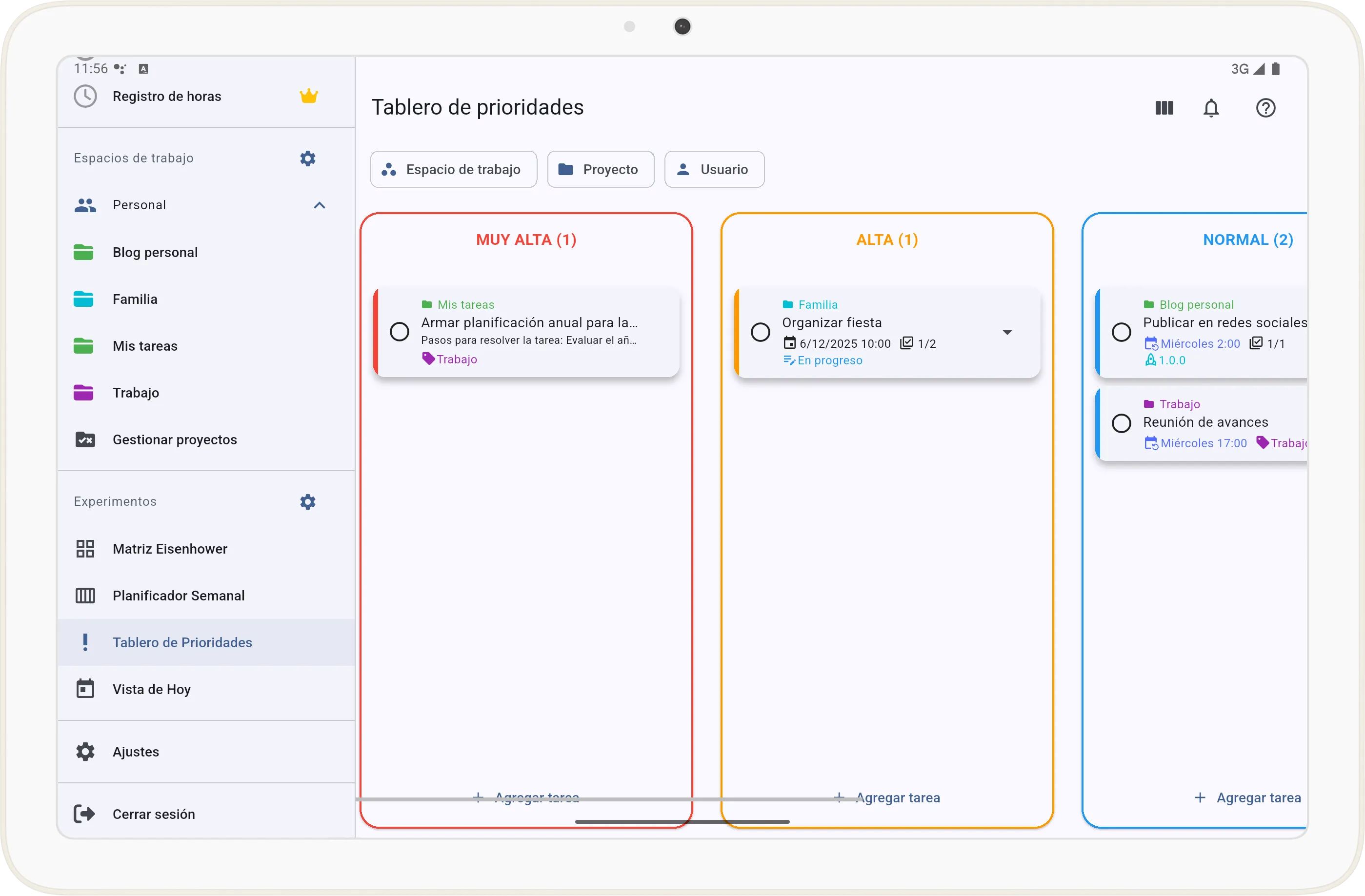 Pantalla del Tablero de Prioridades en Tarea Cero