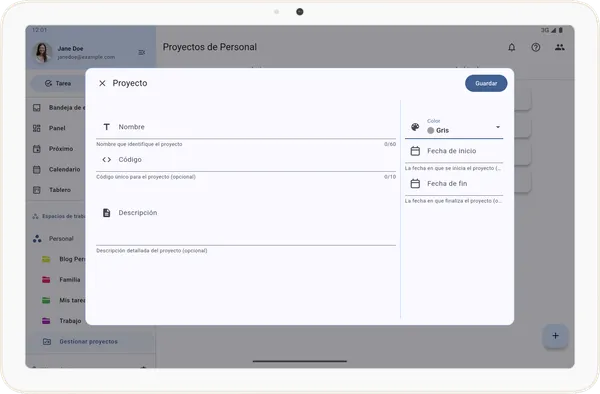 Pantalla de creación de proyecto en Tarea Cero