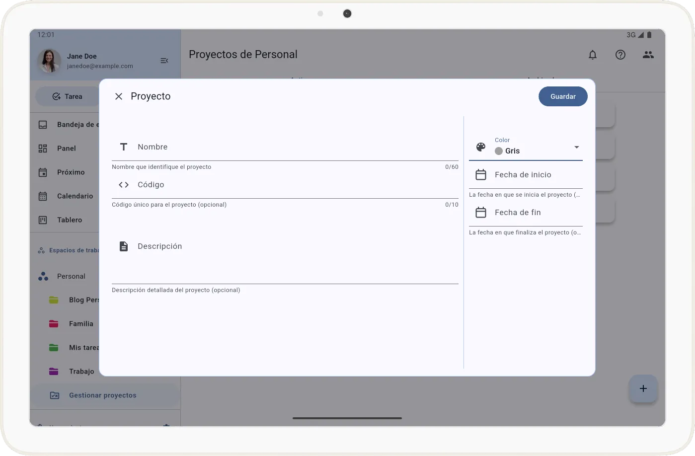 Pantalla de creación de proyecto en Tarea Cero