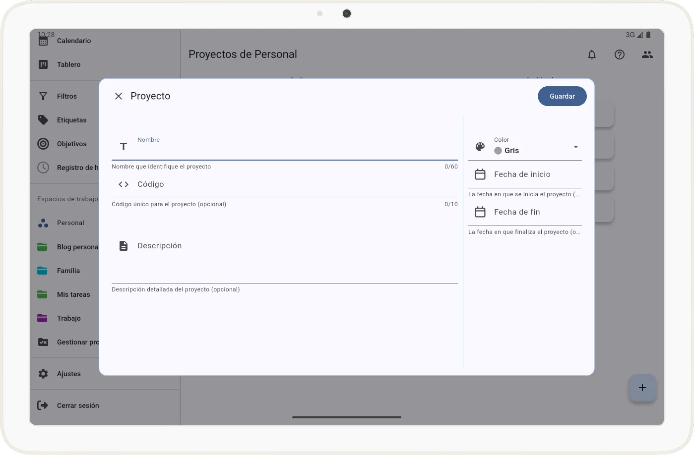 Pantalla de creación de proyecto en Tarea Cero