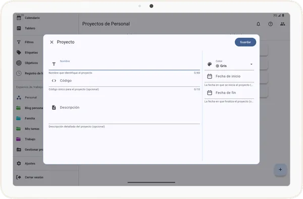 Pantalla de creación de proyecto en Tarea Cero