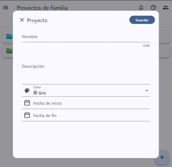 Pantalla de creación de proyecto en Tarea Cero