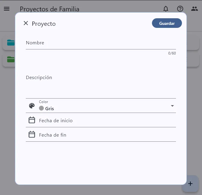 Pantalla de creación de proyecto en Tarea Cero