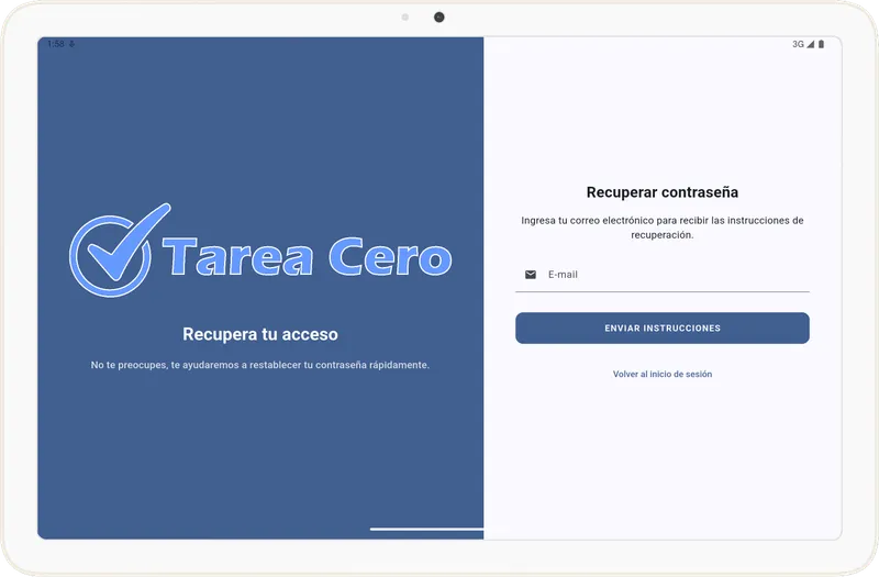 Pantalla de recuperación de contraseña en Tarea Cero