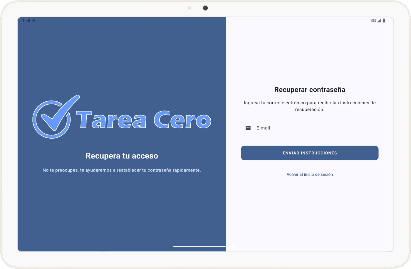 Pantalla de recuperación de contraseña en Tarea Cero