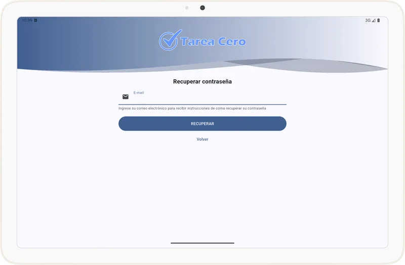Pantalla de recuperación de contraseña en Tarea Cero