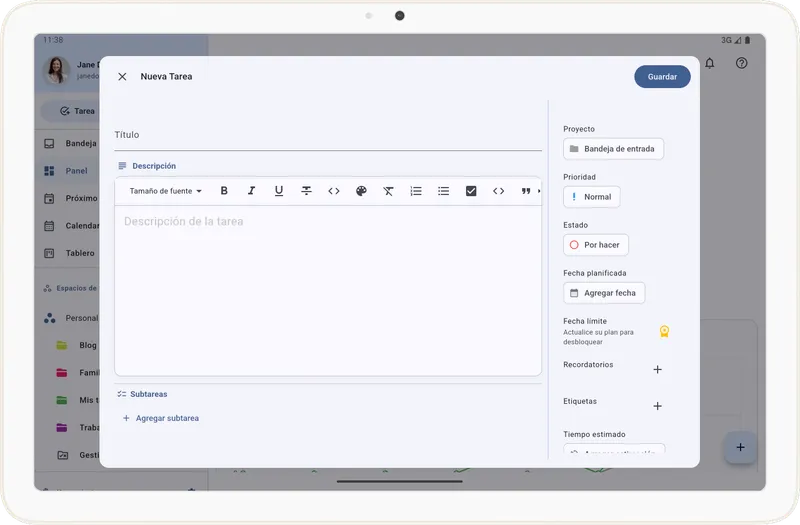 Vista completa para crear tareas
