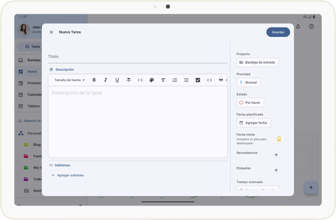 Vista completa para crear tareas