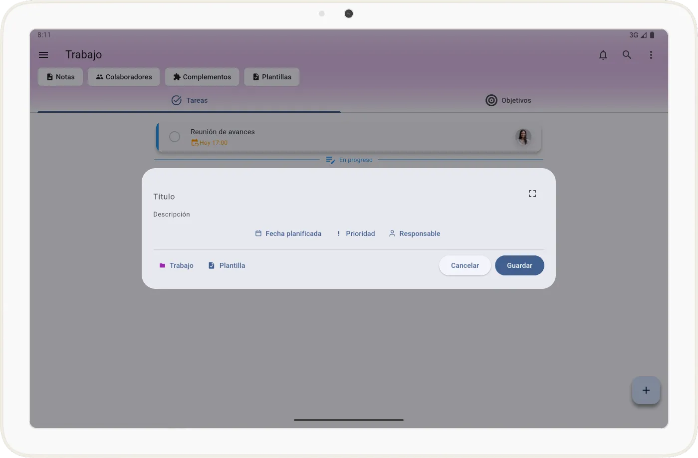 Botón para cargar plantilla al crear tarea