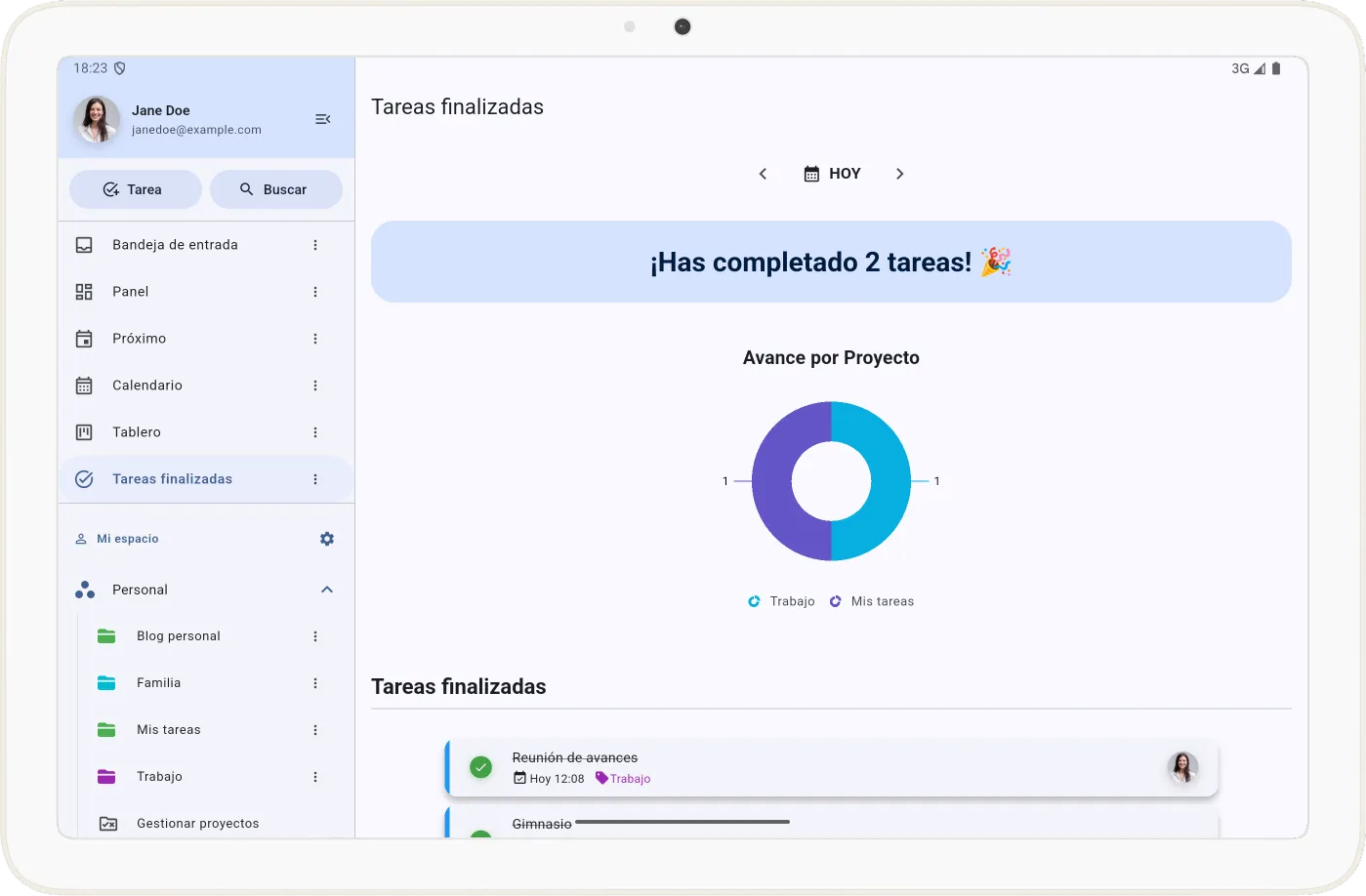 Vista de tareas finalizadas
